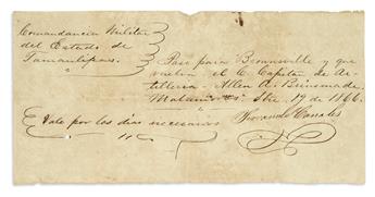 (CIVIL WAR--CONFEDERATE.) Pair of documents of an exiled Confederate artilleryman serving in the Mexican army.